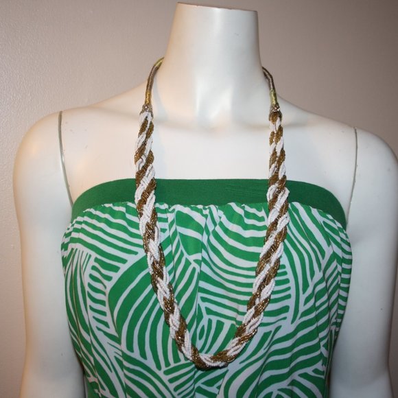 Beautiful long white and gold beaded necklace 34"
